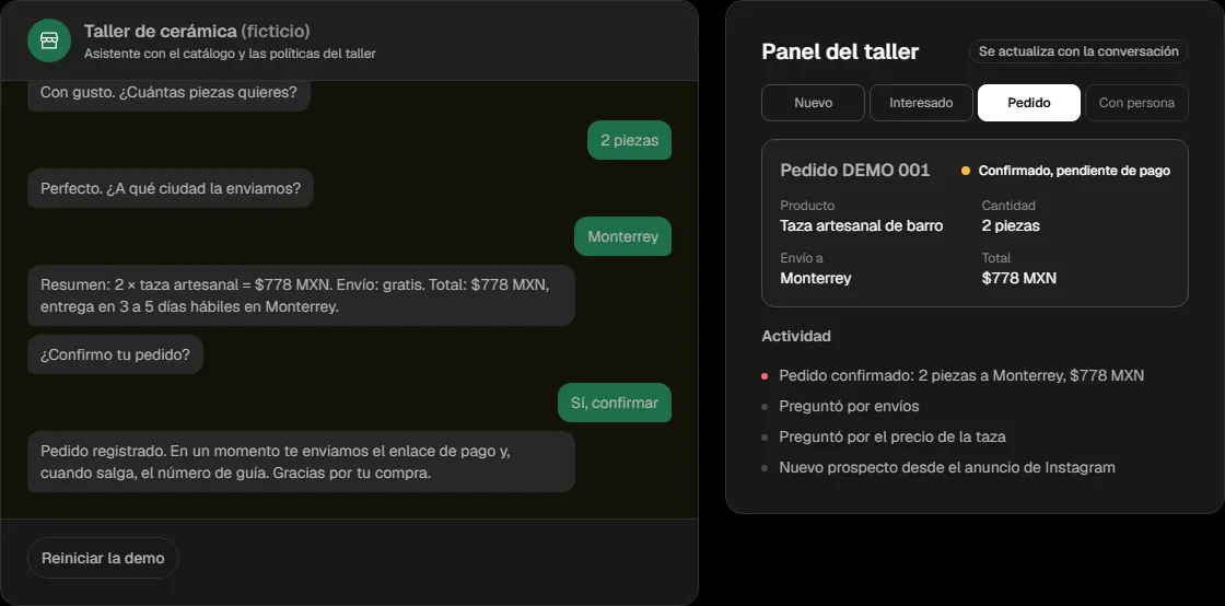 Demo de agente de WhatsApp que registra un pedido en el panel de un taller ficticio