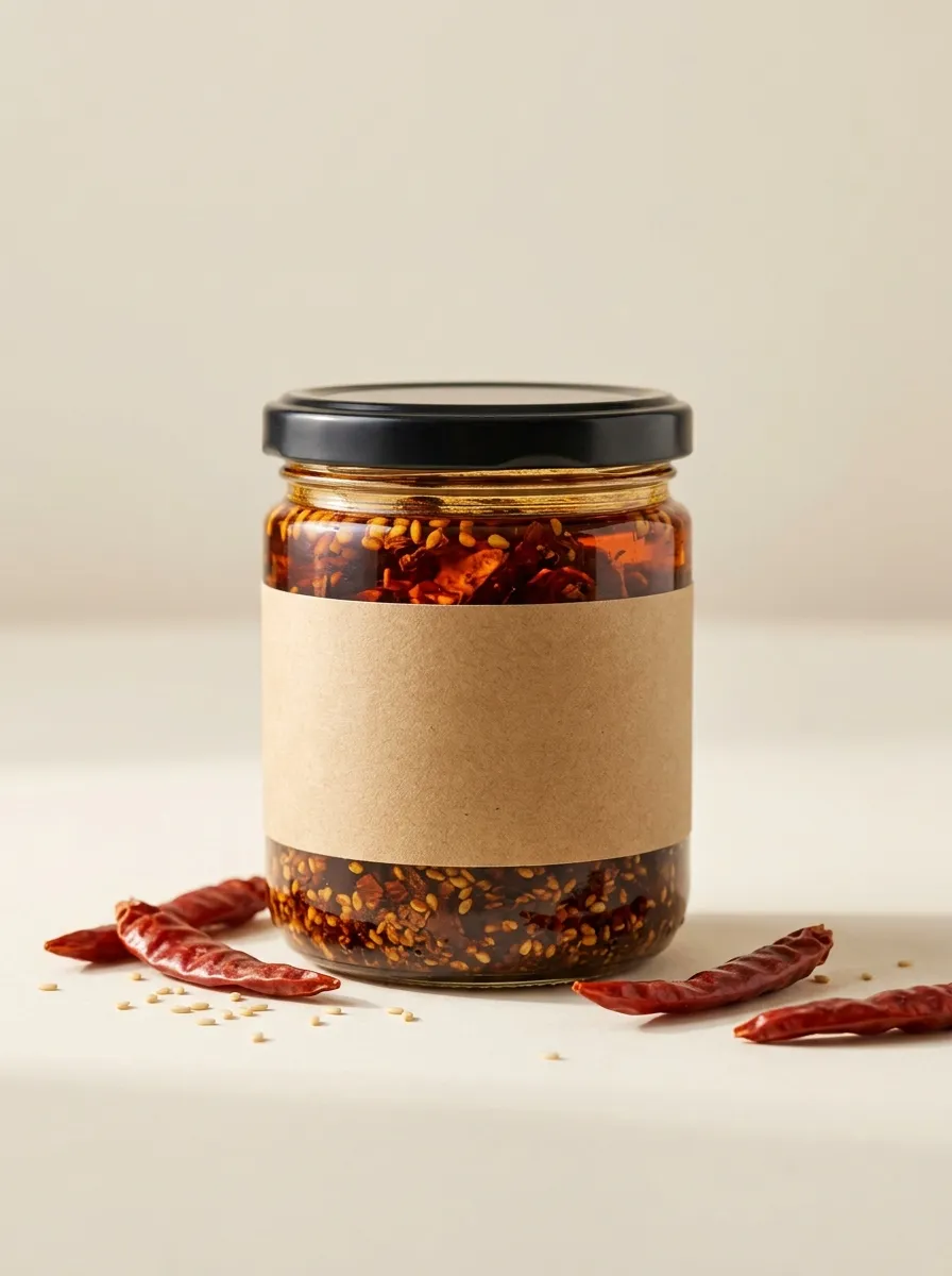 Frasco de salsa macha sobre fondo blanco cálido