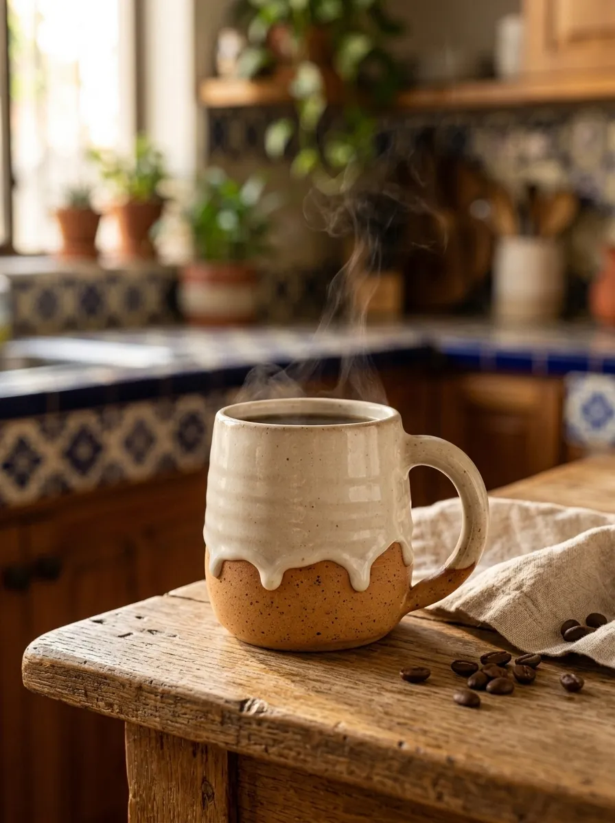 La misma taza con café humeante sobre una mesa de madera junto a una ventana, con azulejos de talavera al fondo