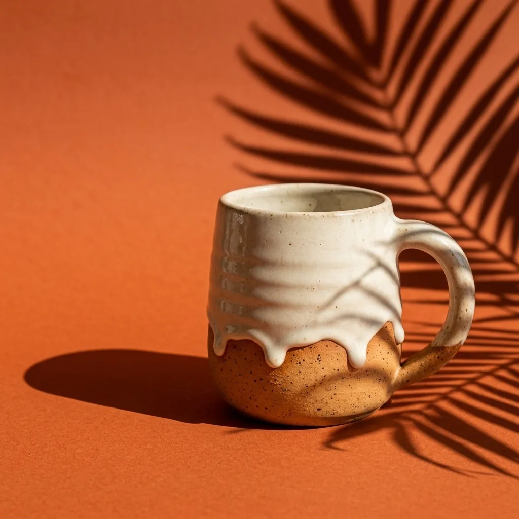 Segunda variante del anuncio: la taza más cerca, con sombras de palma sobre fondo terracota