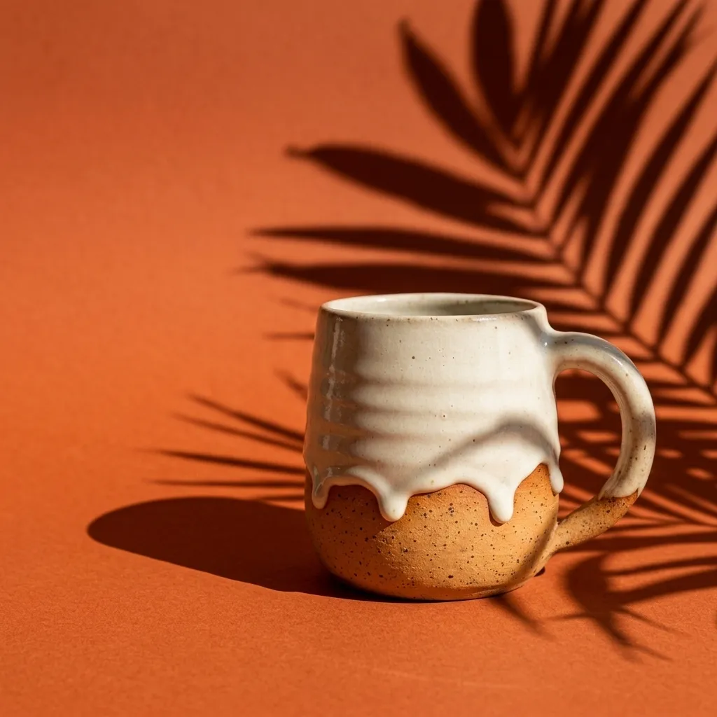 Anuncio de una taza artesanal sobre fondo terracota