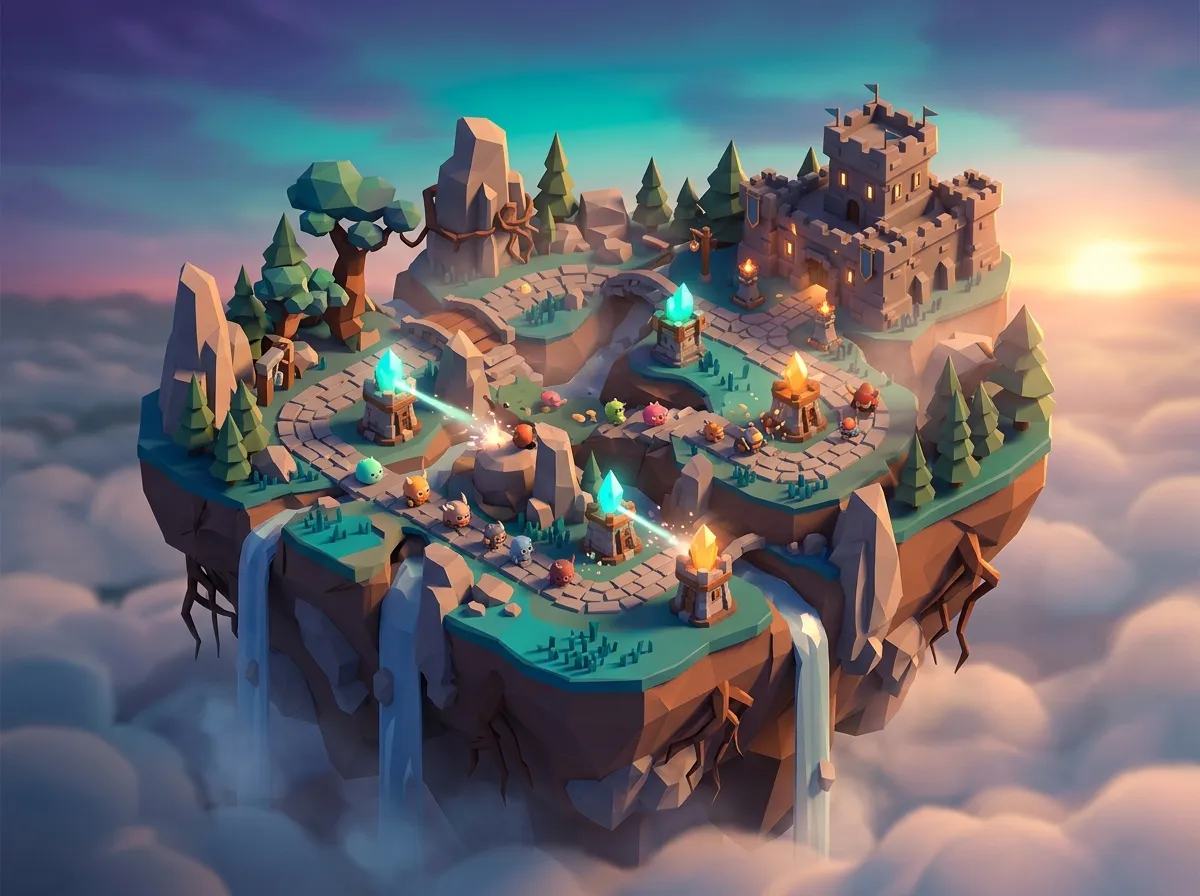 Arte conceptual de un campo de batalla en una isla flotante