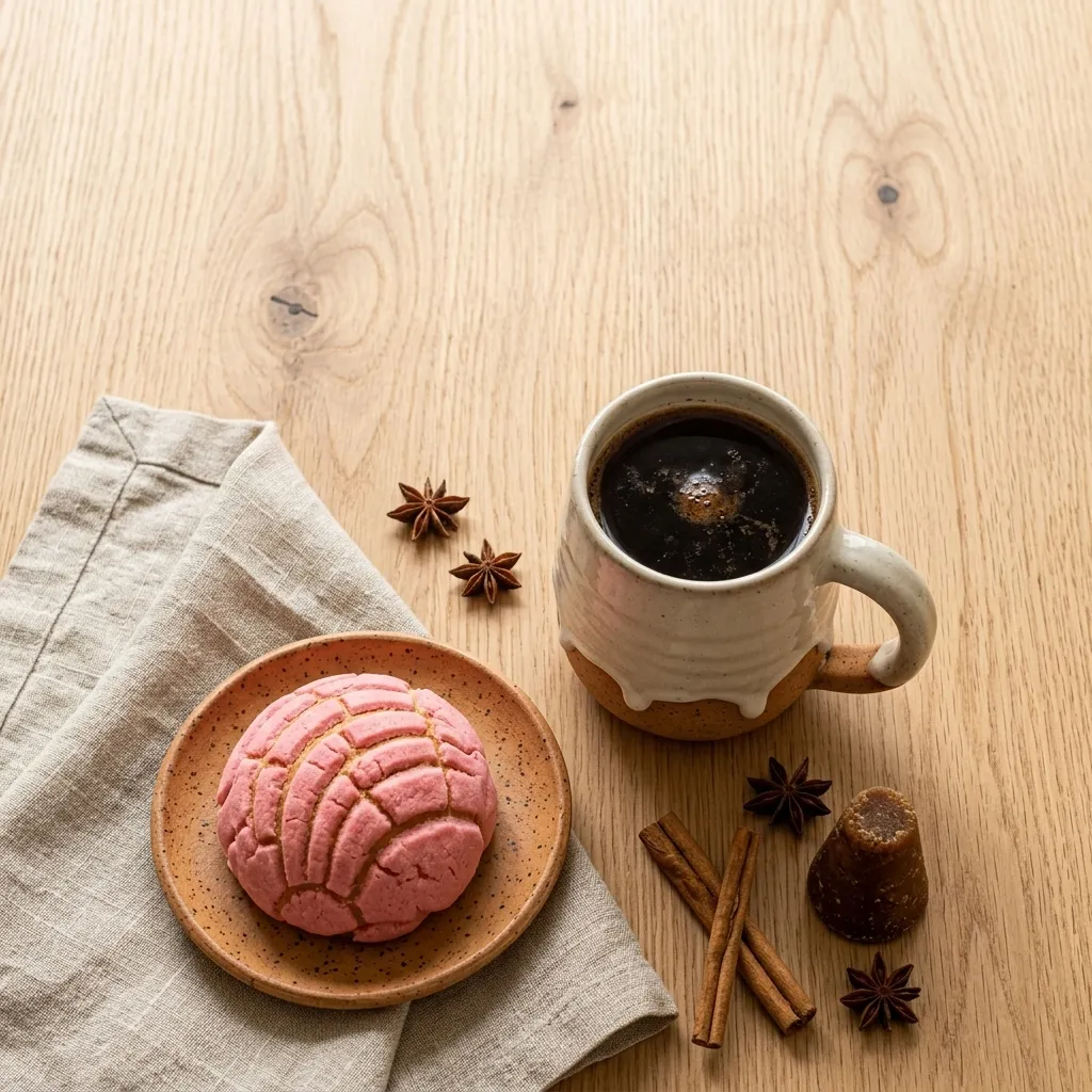 Vista cenital de la taza con café de olla, canela, piloncillo y una concha rosa sobre mesa de roble