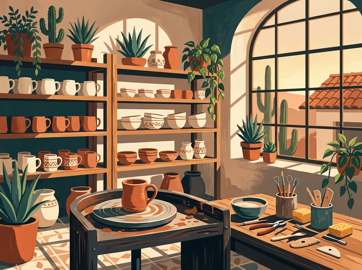 Ilustración de un taller de cerámica con luz de tarde