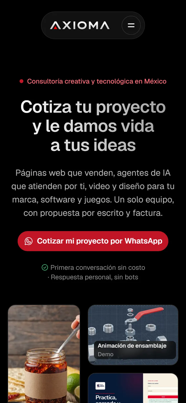 El mismo sitio en un celular, con el menú compacto y el botón de WhatsApp
