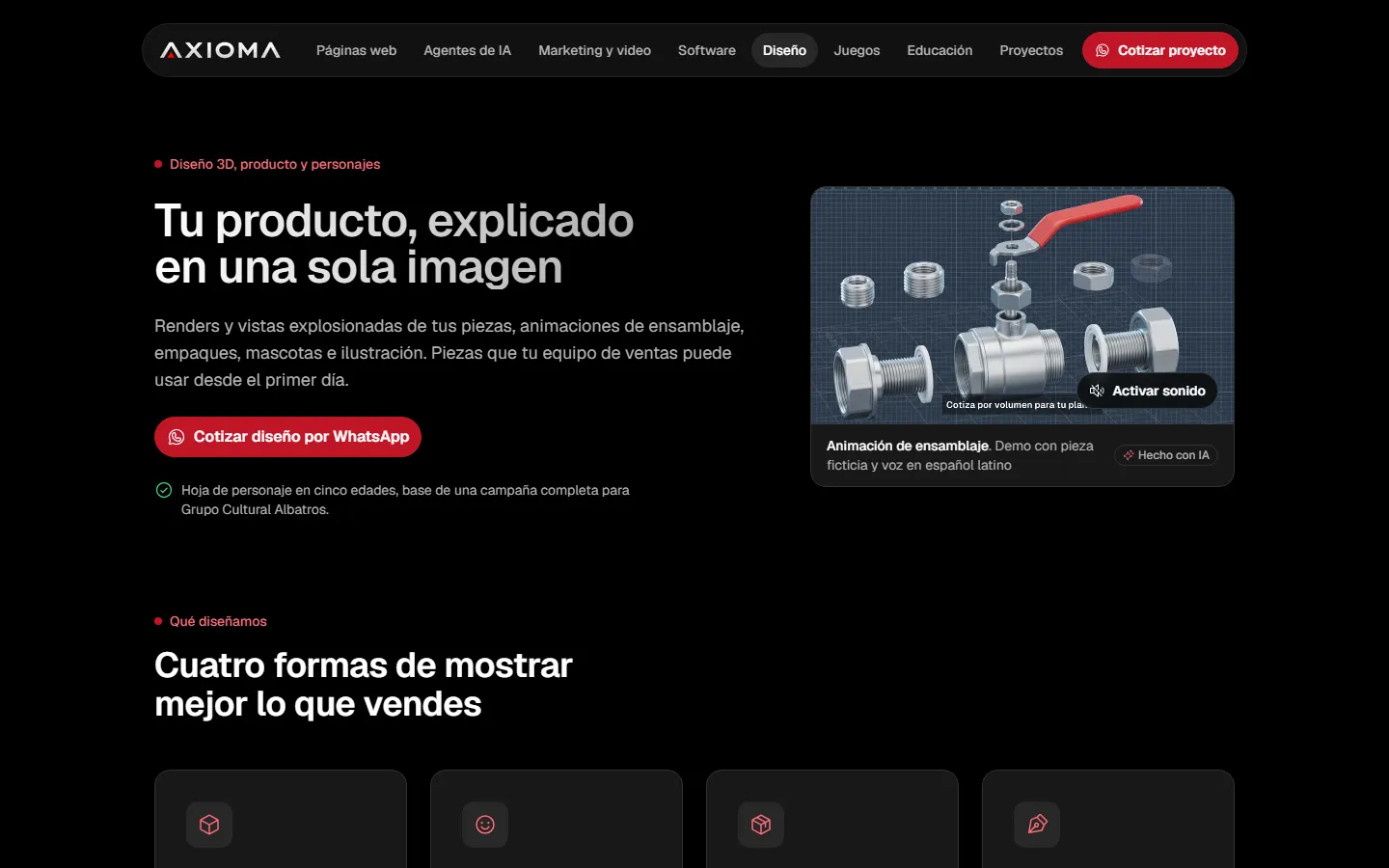 Página de diseño 3D de somosaxioma.com con un video de ensamblaje y botón de sonido
