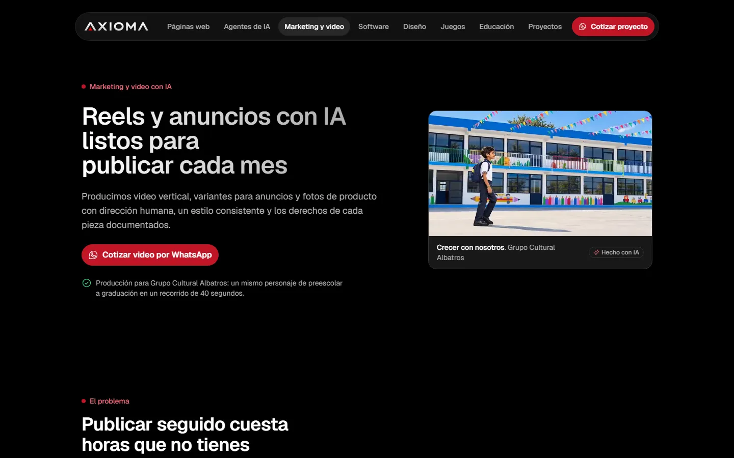 Página de marketing y video de somosaxioma.com con pestañas de demos por industria